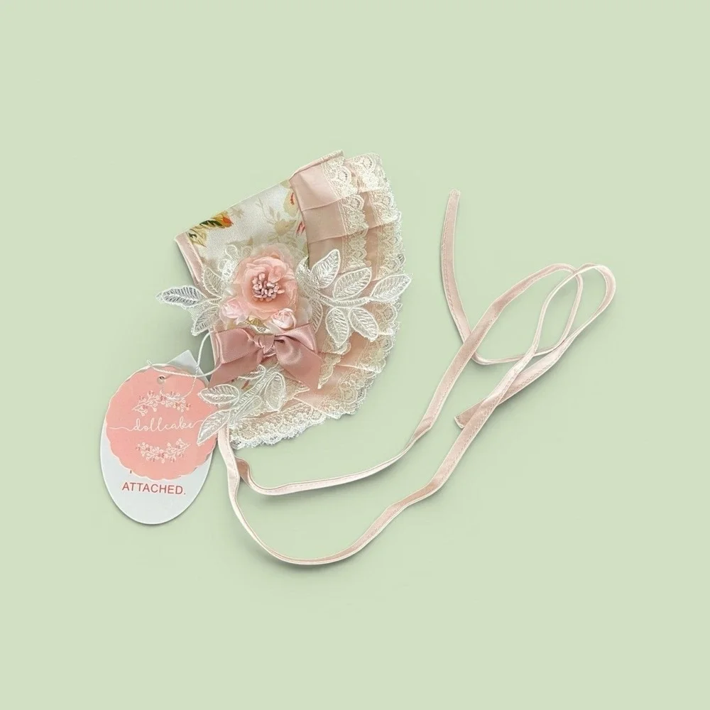 NEW Dollcake Ever After Headband Kids Small Pink New Floral Lace Ruffle Bonnet